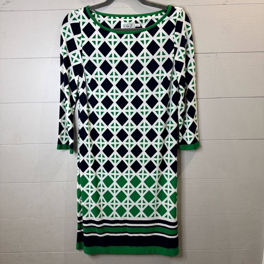 Eliza J | Women’s Navy Green White Geometric Print Dress Size 4